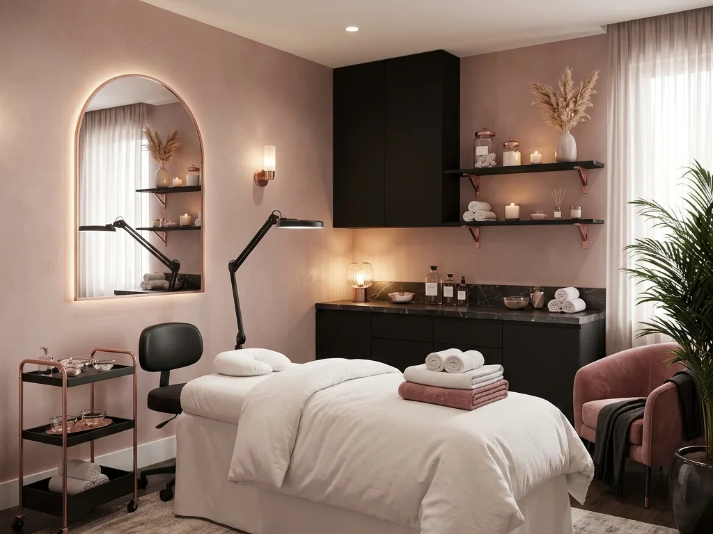 Sala de spa com roupões, toalhas e velas