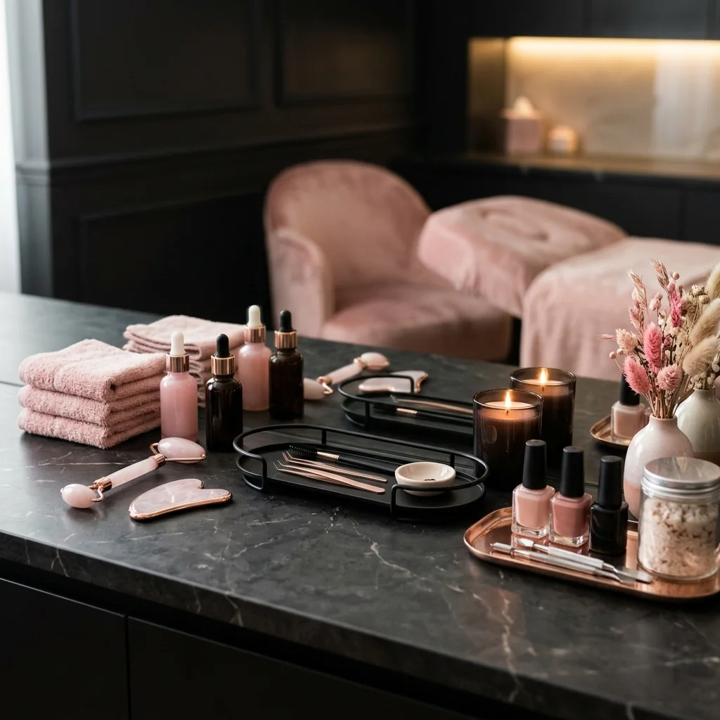 Arte de bem-estar com flores, velas e produtos de skincare